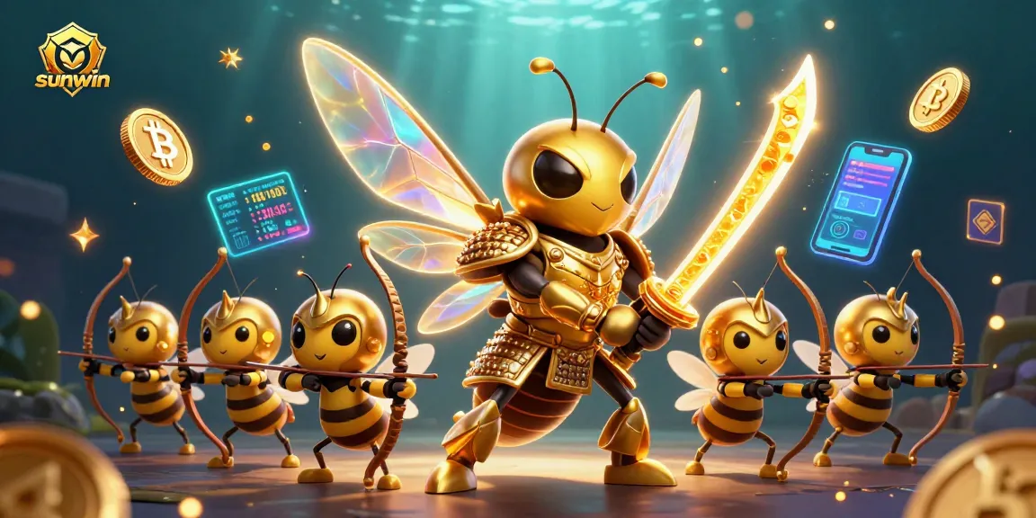 Experience the excitement of sunwin with a captivating 3D casino game scene featuring golden characters and crypto elements.