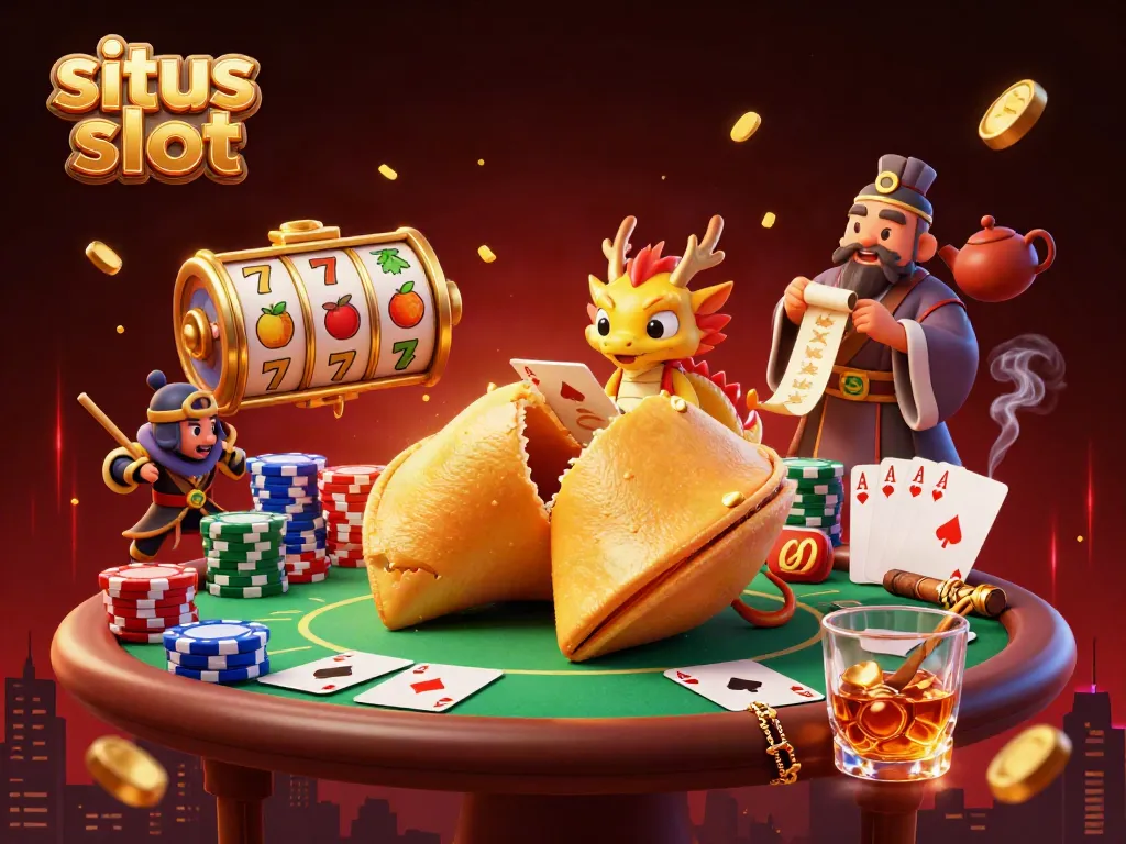 Ilustrasi 3D yang menampilkan situs slot dengan karakter unik dan elemen kasino yang kaya.