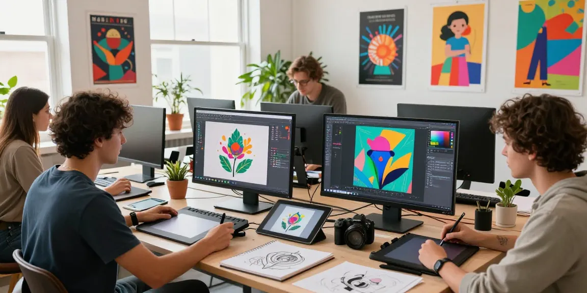 Creative professionals collaborating on NSFW AI projects in a vibrant digital art studio environment.