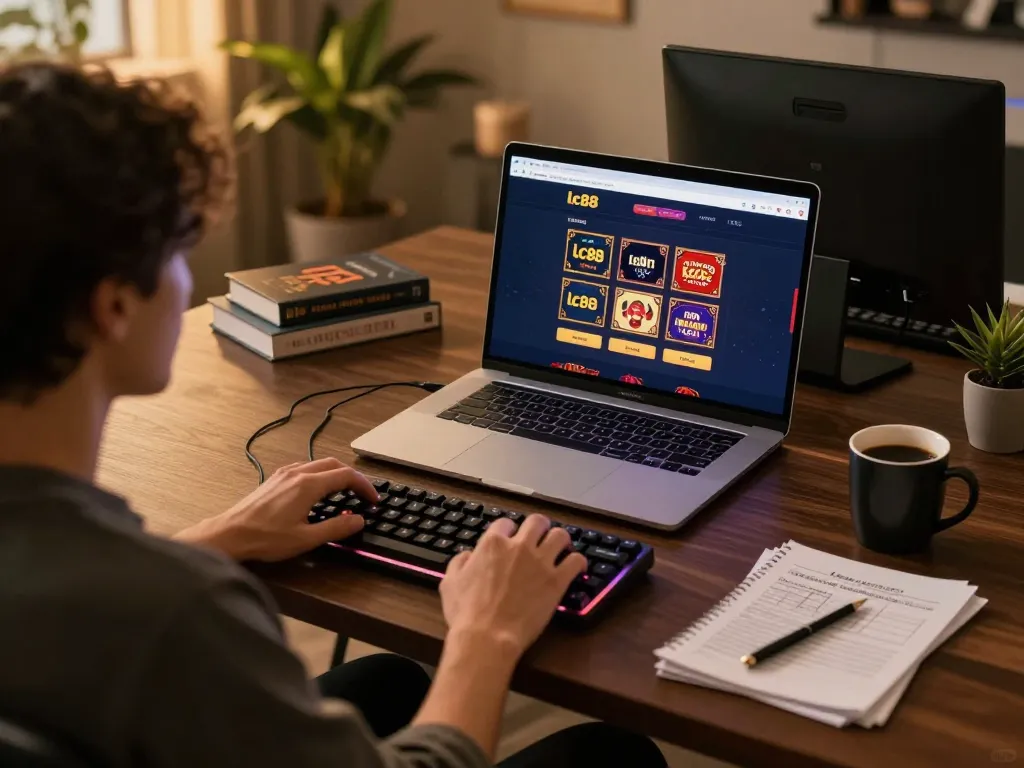 Engaging with lc88 online casino at a stylish gaming setup, showcasing a cozy atmosphere