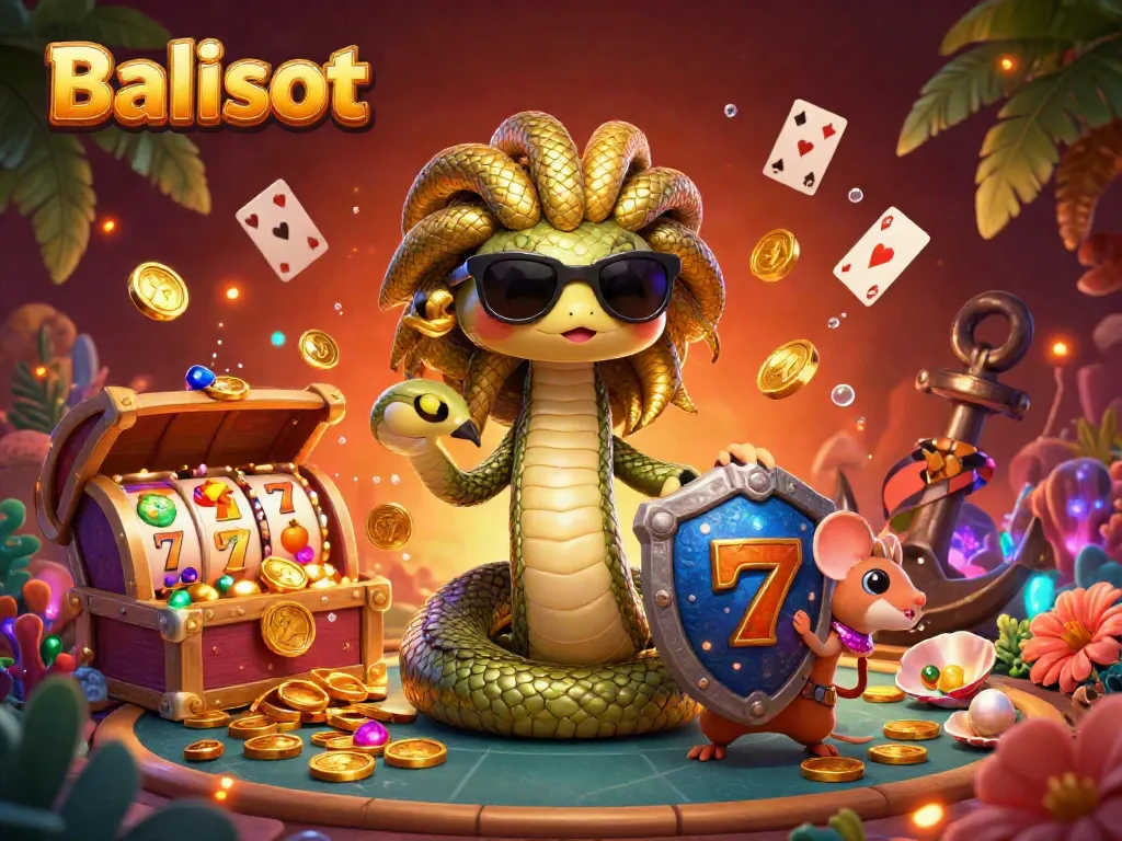 Balislot showcases a vibrant scene with Medusa and a mouse in a casino, surrounded by slot reels and treasures.