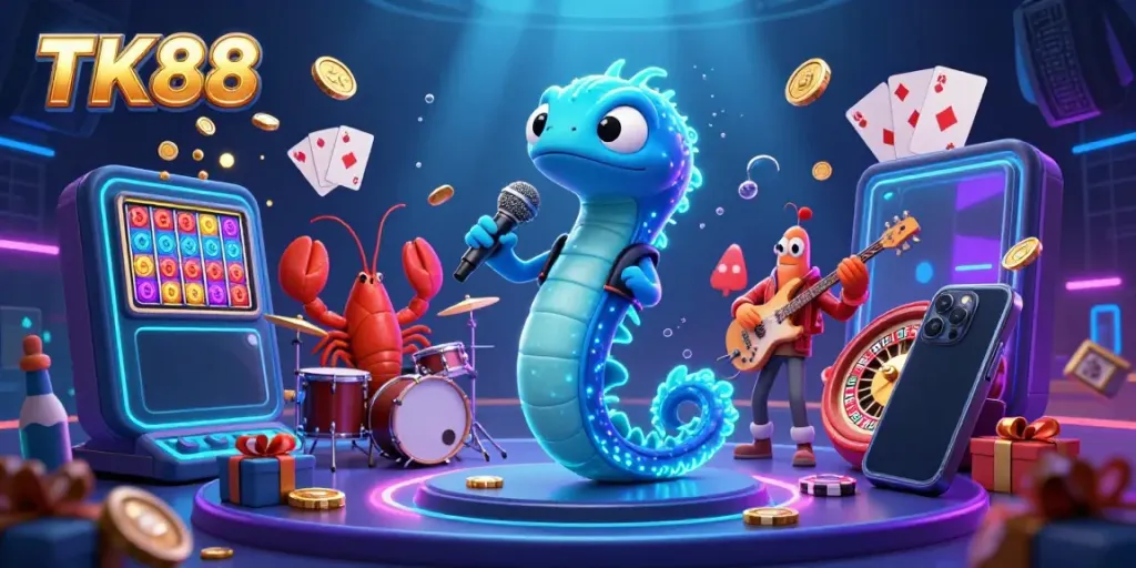 Experience the ultimate underwater casino experience with TK88, featuring vibrant 3D characters and dynamic casino elements.