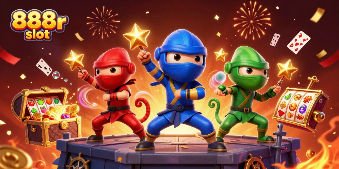 Experience the excitement of the 888r slot with a vibrant 3D illustration featuring ninja chameleons.