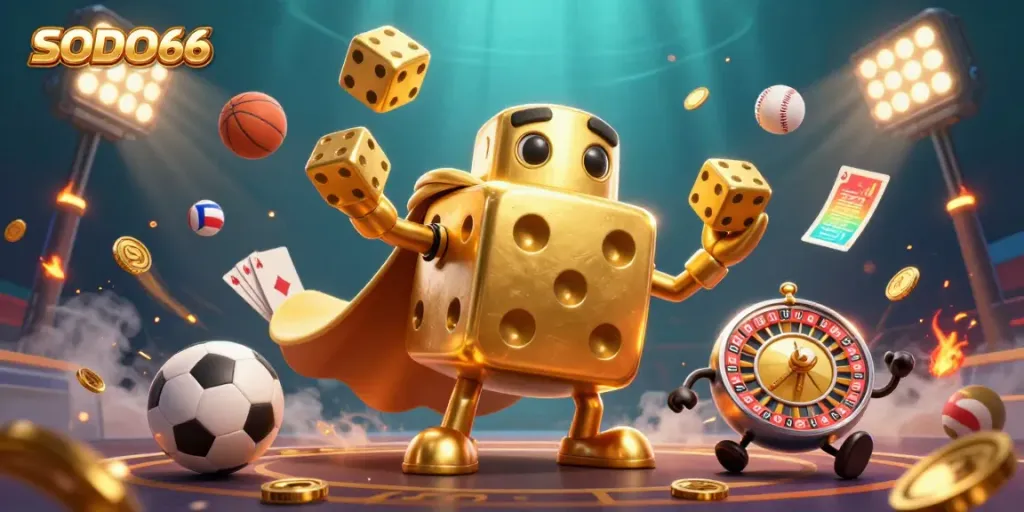Experience winning with SODO66 illustrated through dynamic gold dice characters and vibrant game elements.