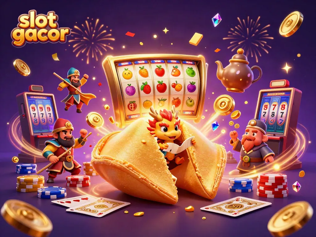 Experience exciting slot gacor action with a 3D golden fortune cookie scene filled with treasures.