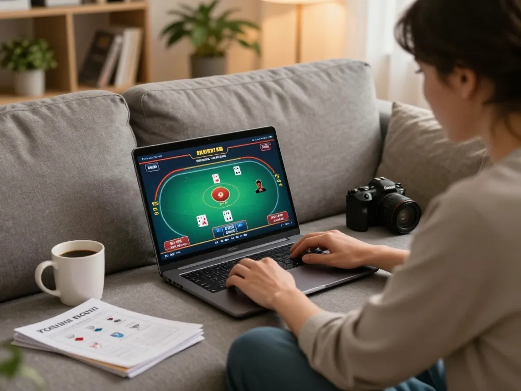 cm88seo player enjoying an online poker game on a laptop at home, surrounded by strategy notes