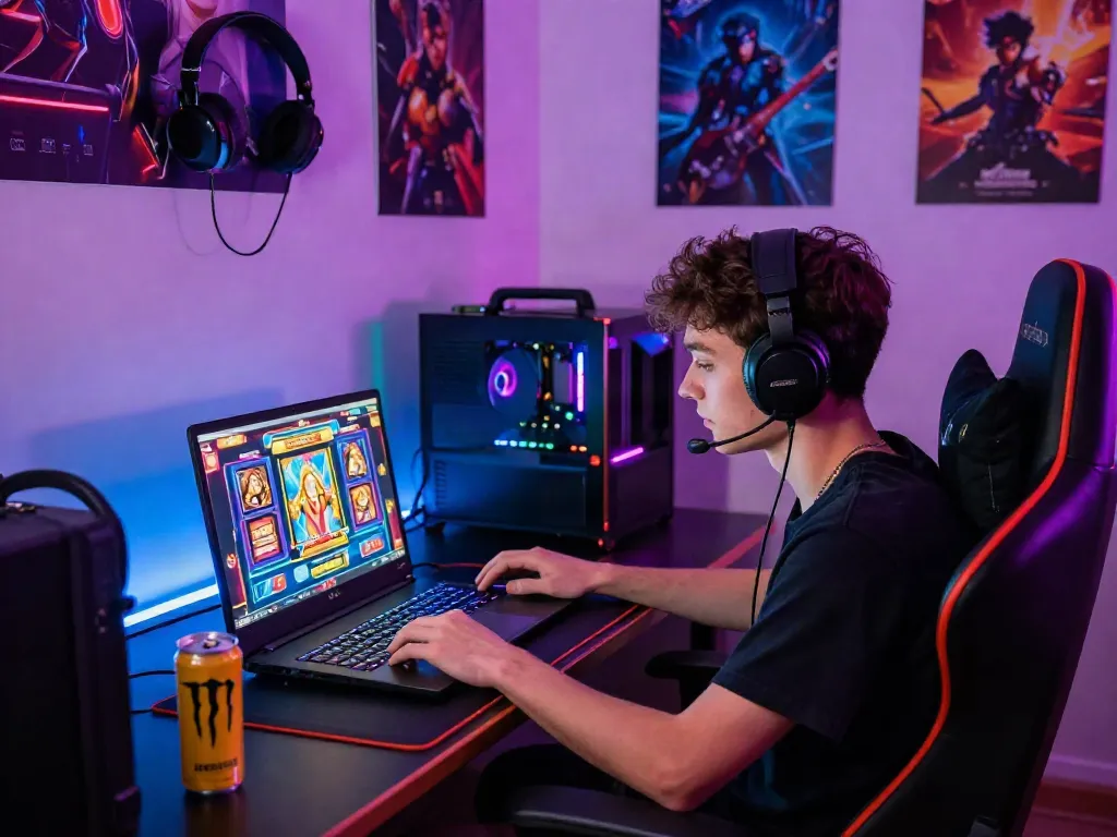 Dynamic gaming experience with akunjp slot game setup and vibrant atmosphere.