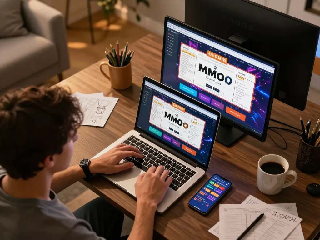 Player engaging with MMOO online casino, highlighting modern gaming experience with laptop and strategy notes