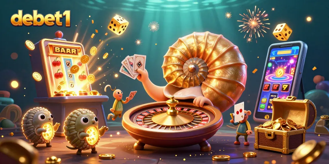 Engage with debet1 in this vibrant, dynamic casino scene featuring a glowing nautilus and jackpot excitement.