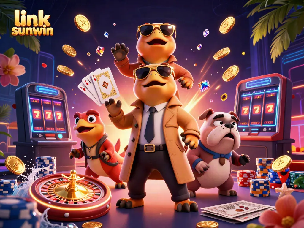 Experience the excitement of link sunwin in a dynamic casino scene featuring raptors and a bulldog bouncer.