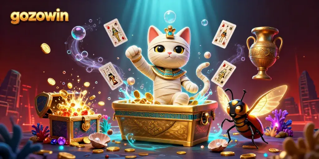 Feel the thrill at gozowin with a mummy cat exploring a vibrant pyramid casino.