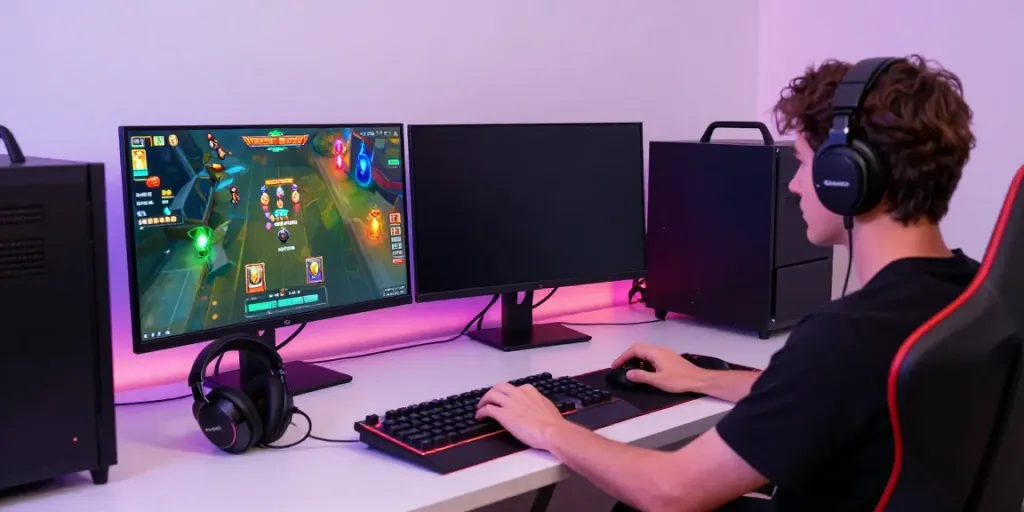 Player engaged in a thrilling slot gacor game on a modern desktop setup, showcasing vibrant graphics and gaming accessories.