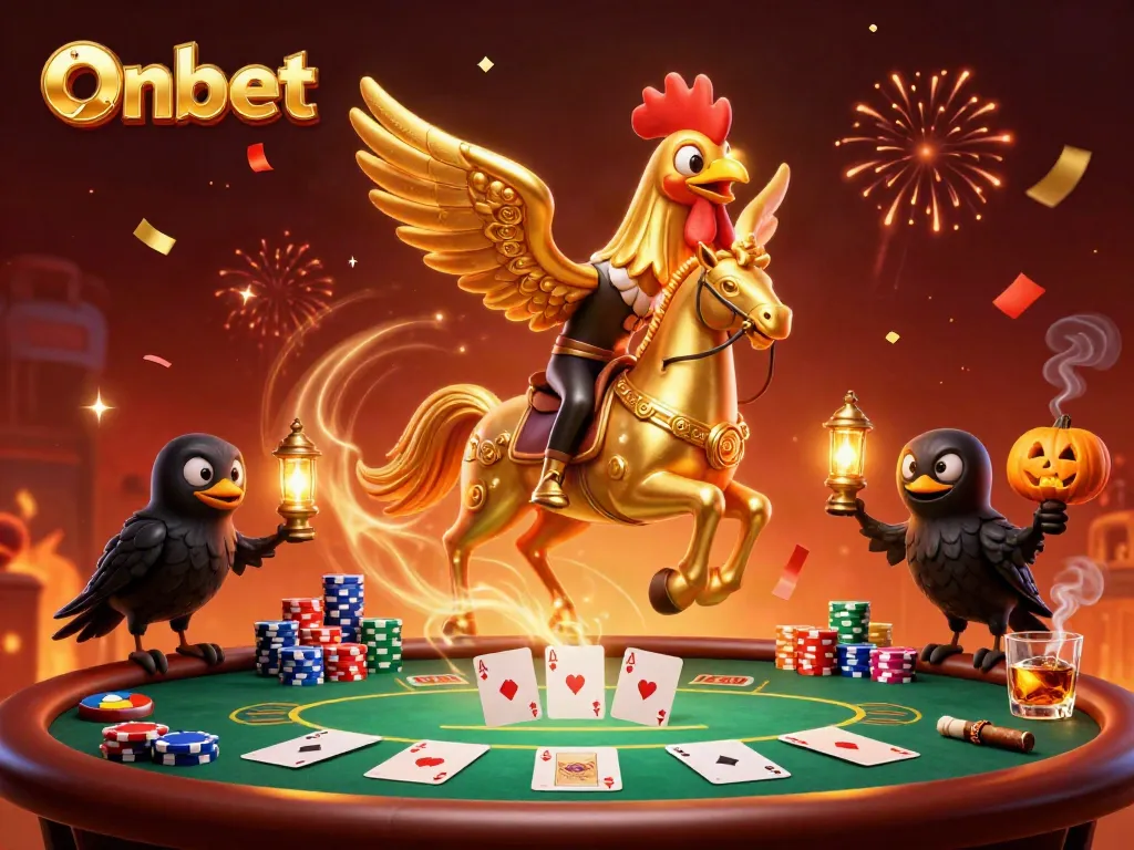 Experience the thrill of Onbet as the golden rooster rides through a vibrant casino with poker elements.