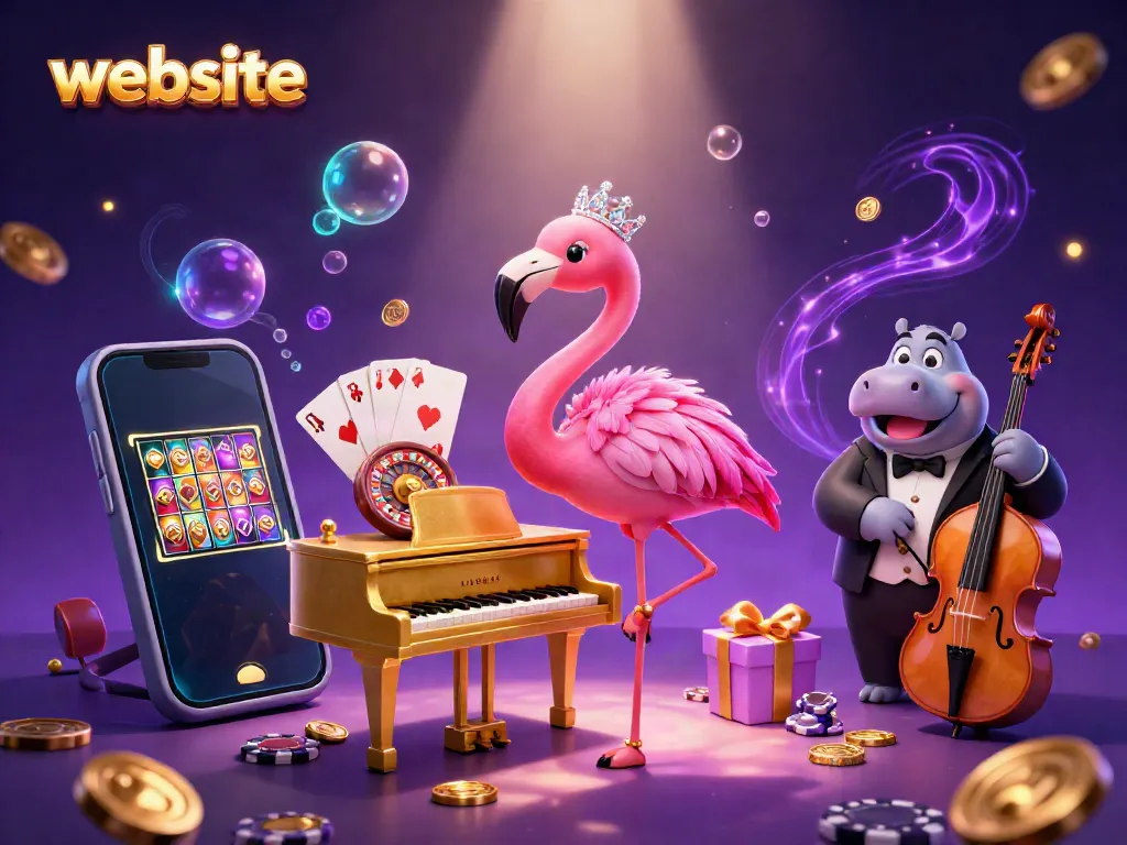 Bermain slot di website dengan flamingo penyanyi enak berselimut boa bulu merah muda dan hippo bassist dalam nuansa terang.