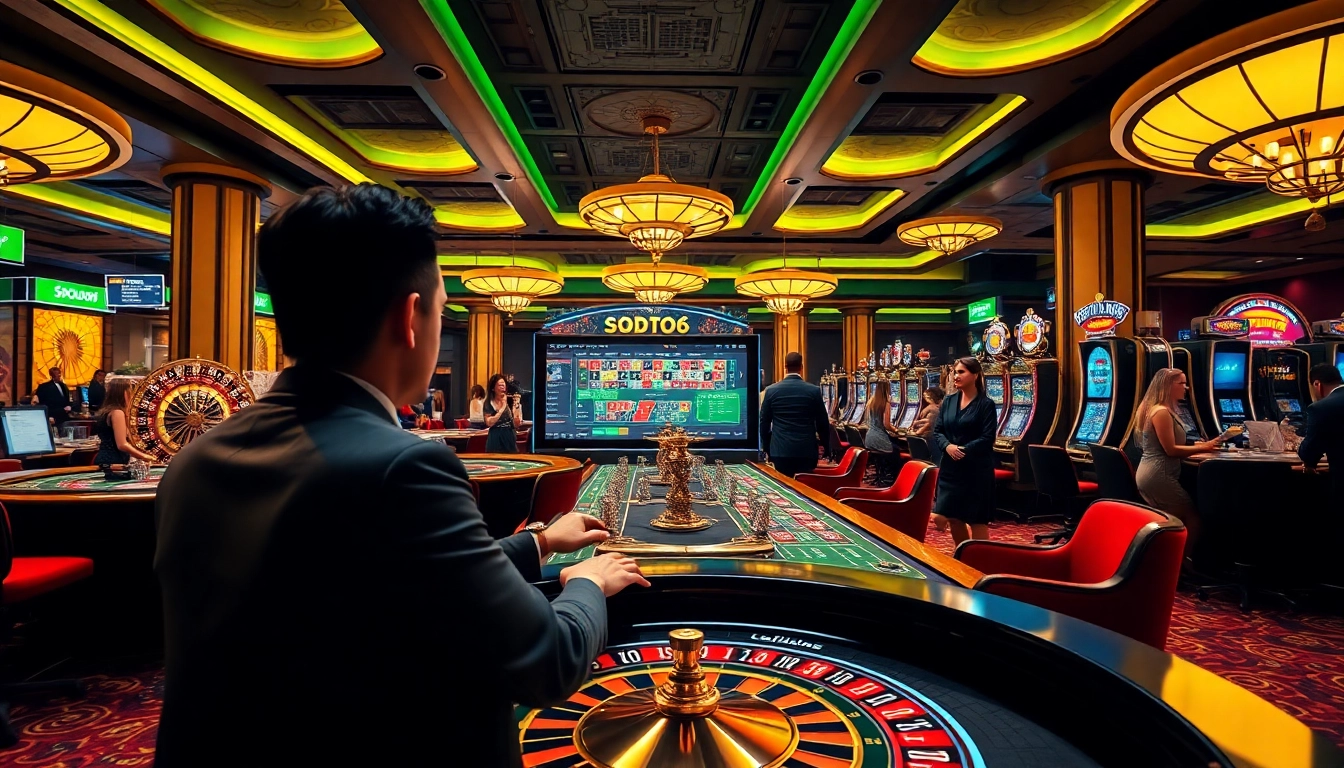 Experience the thrill of SODO66 online gambling with poker tables and vibrant slot machines.