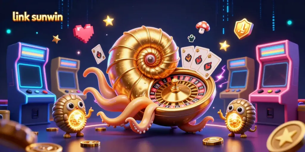 Experience the thrill of gaming at link sunwin with vibrant casino elements and 3D characters in a captivating artwork.