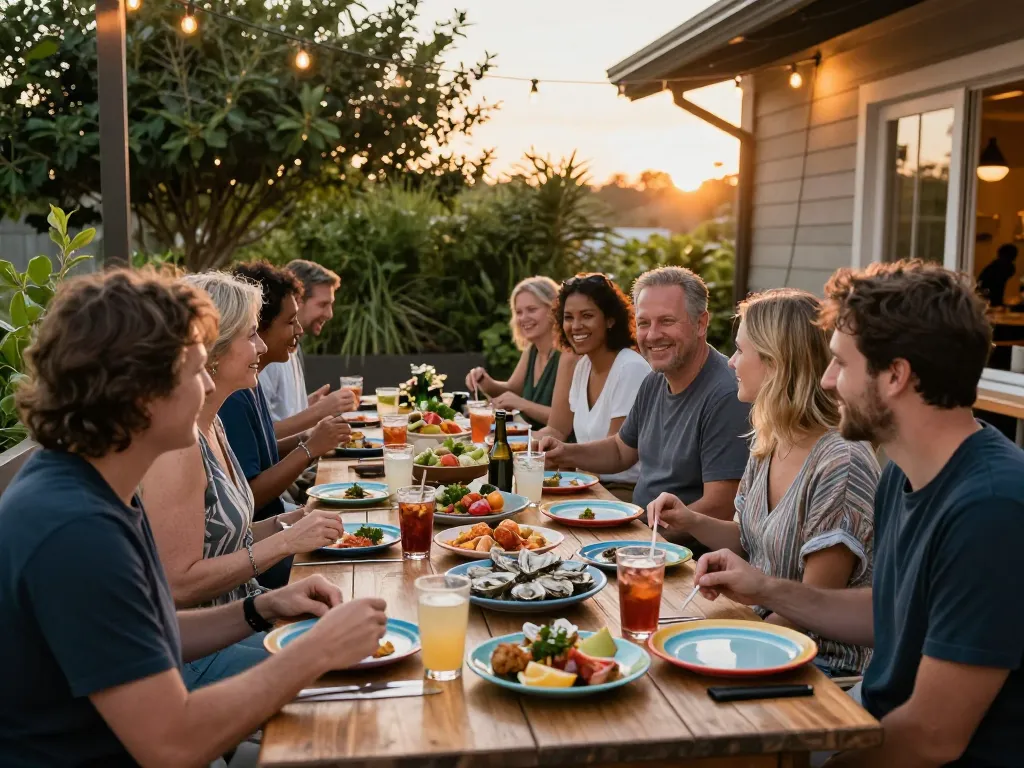 The Shack outdoor dining scene with diners enjoying seafood dishes in a warm sunset ambiance.