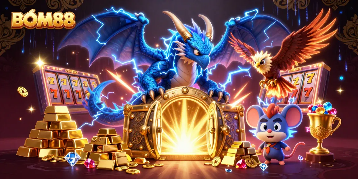 BOM88 players enjoy thrilling slot action with vibrant treasures and dynamic 3D characters in a lively casino scene