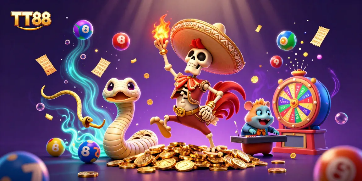 TT88 brings excitement with a dancing mariachi rooster, golden coins, and lottery elements.