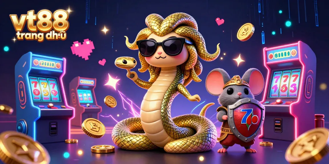 Experience the vibrant vt88 trang chủ scene, featuring Medusa and a warrior mouse amid lively gaming elements.