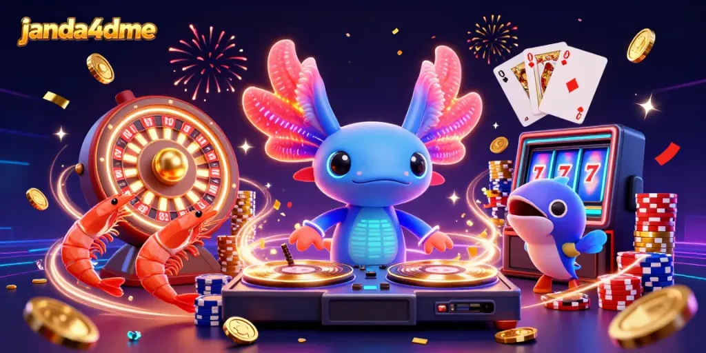 Permainan janda4dme yang meriah dengan DJ neon dan koin emas terbang.