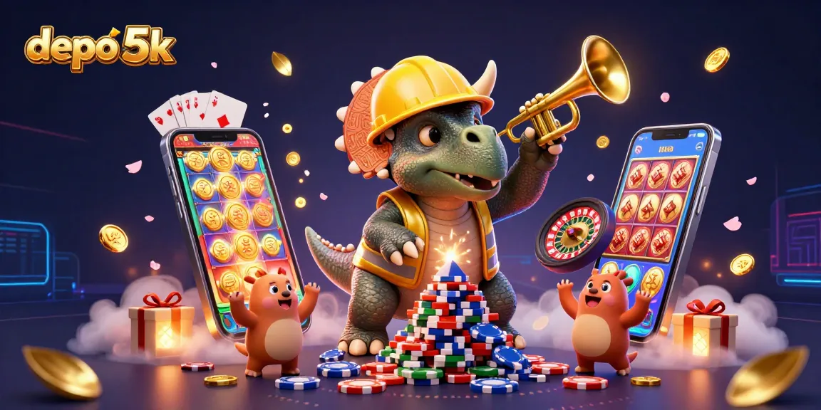 Experience the thrill of depo 5k as colorful slot games and festive celebrations fill the scene.