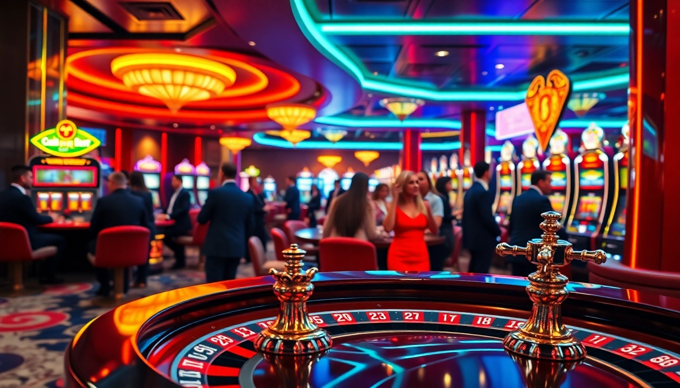Engaging scene of a casino showcasing uu娛樂 with vibrant lights and patrons at a roulette table.