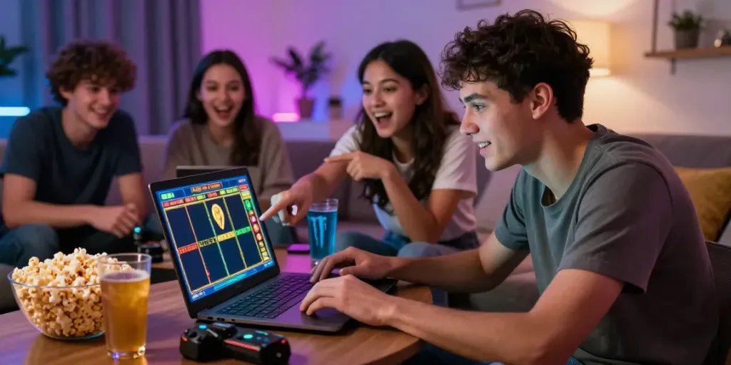 A lively gaming scene featuring friends enjoying akunjp online betting in a cozy living room.