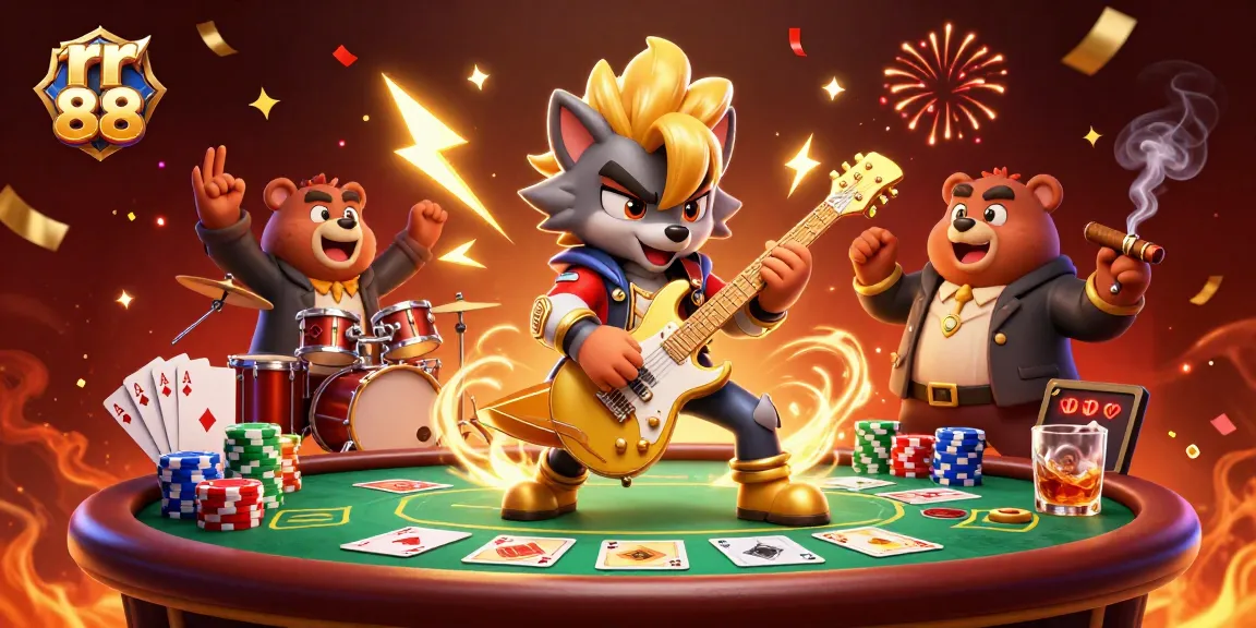 Engage with the excitement of rr 88 as a rock star wolf shreds on stage with vibrant casino elements.