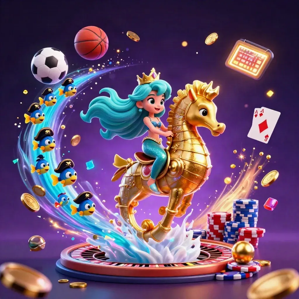 Mermaid princess on a golden seahorse amid cards, coins, chips, fish, and glowing casino effects