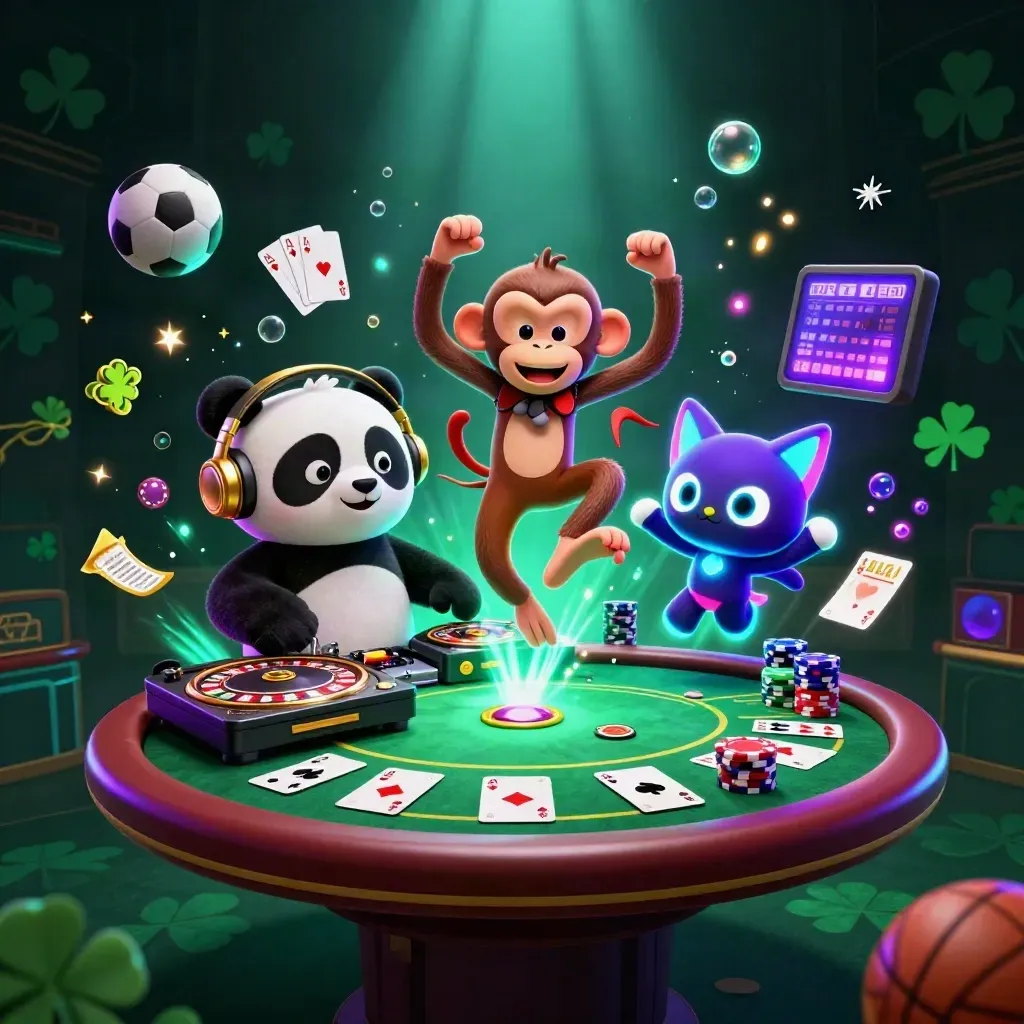 DJ panda, breakdancing monkey, and glow-stick kitten amid casino gear in neon cyan light