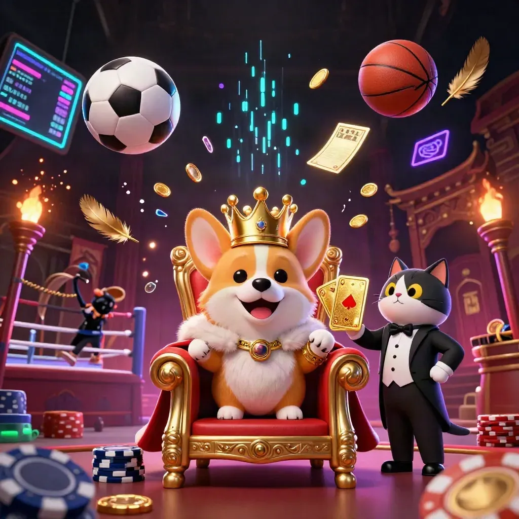 Royal corgi and cat butler amid flying balls, chips, coins, neon energy, and ornate casino fantasy.