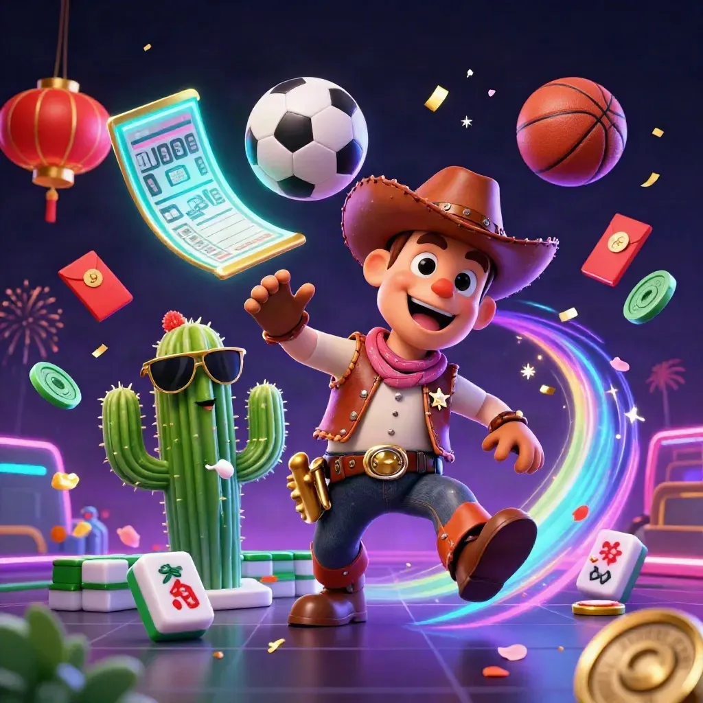 Cowboy T-Rex, cactus and roadrunner amid neon casino sports props and coins