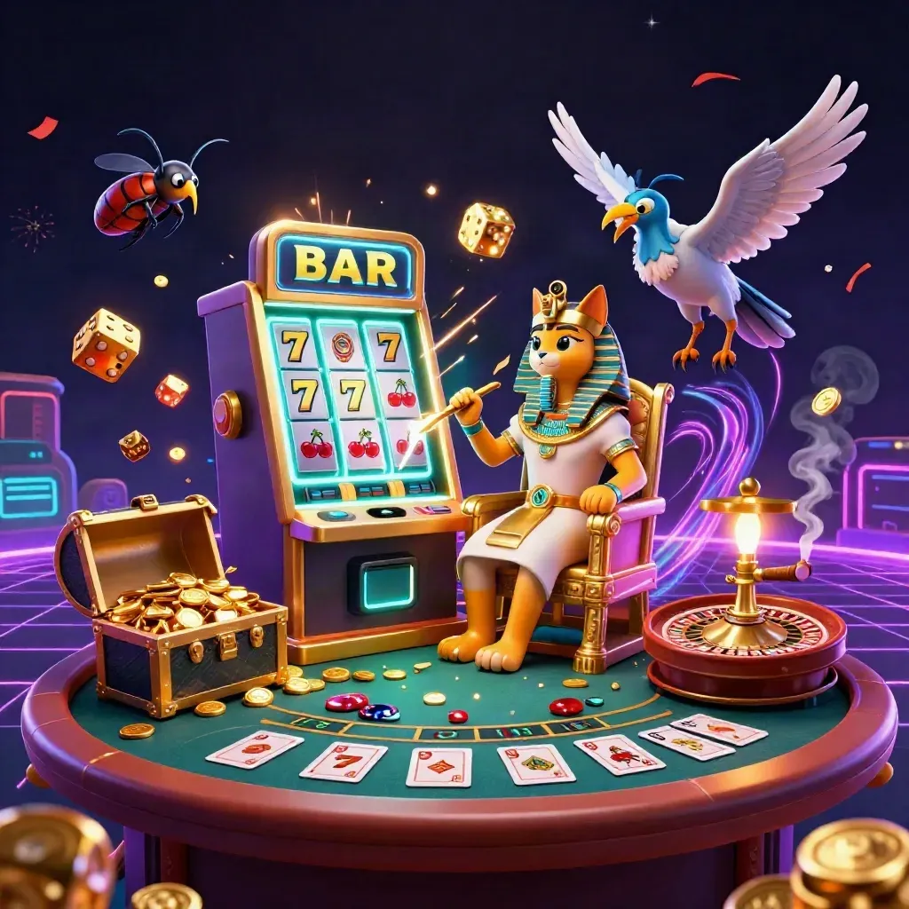 Pharaoh cat throne, slot burst, scarabs, neon casino glow, treasure, roulette, and cards.