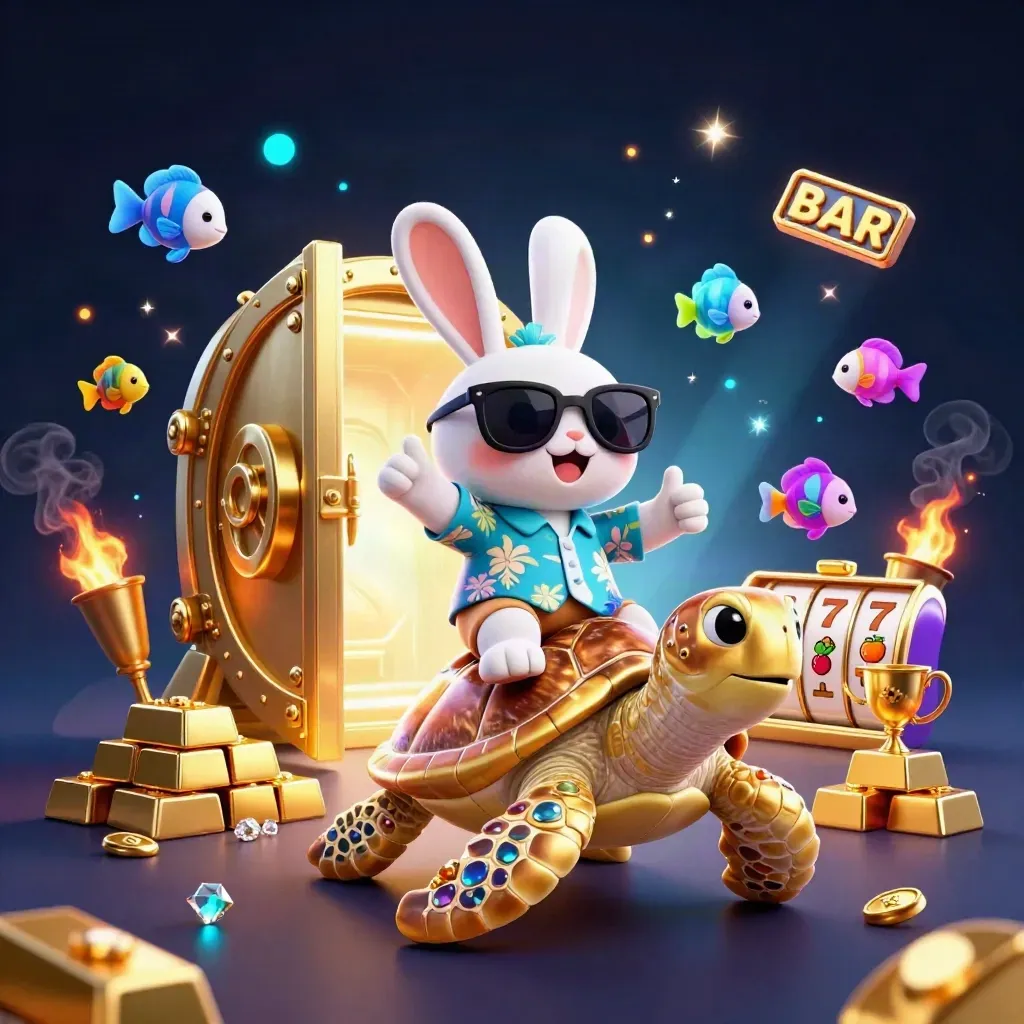 Lucky rabbit rides a gem-shelled sea turtle as treasure bursts in neon casino light.