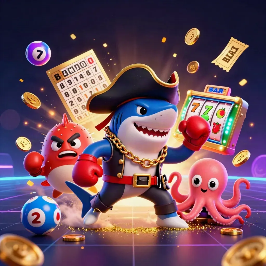 Shark pirate, boxing pufferfish, and juggling octopus amid casino bursts and neon glow.