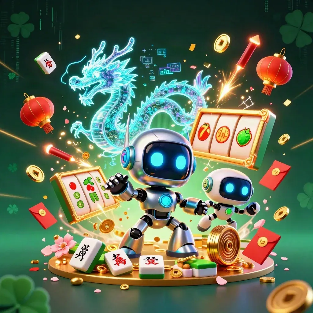 Cyberpunk robot, holographic dragon, and drone amid casino treasure and neon effects.
