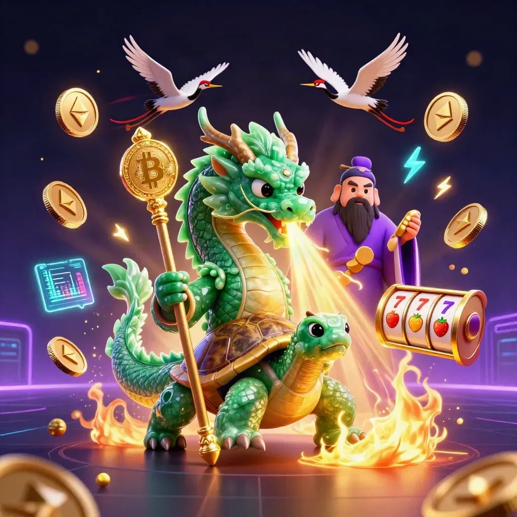 Emerald dragon, turtle sage, and cranes amid neon coins, fire, and casino sparks.