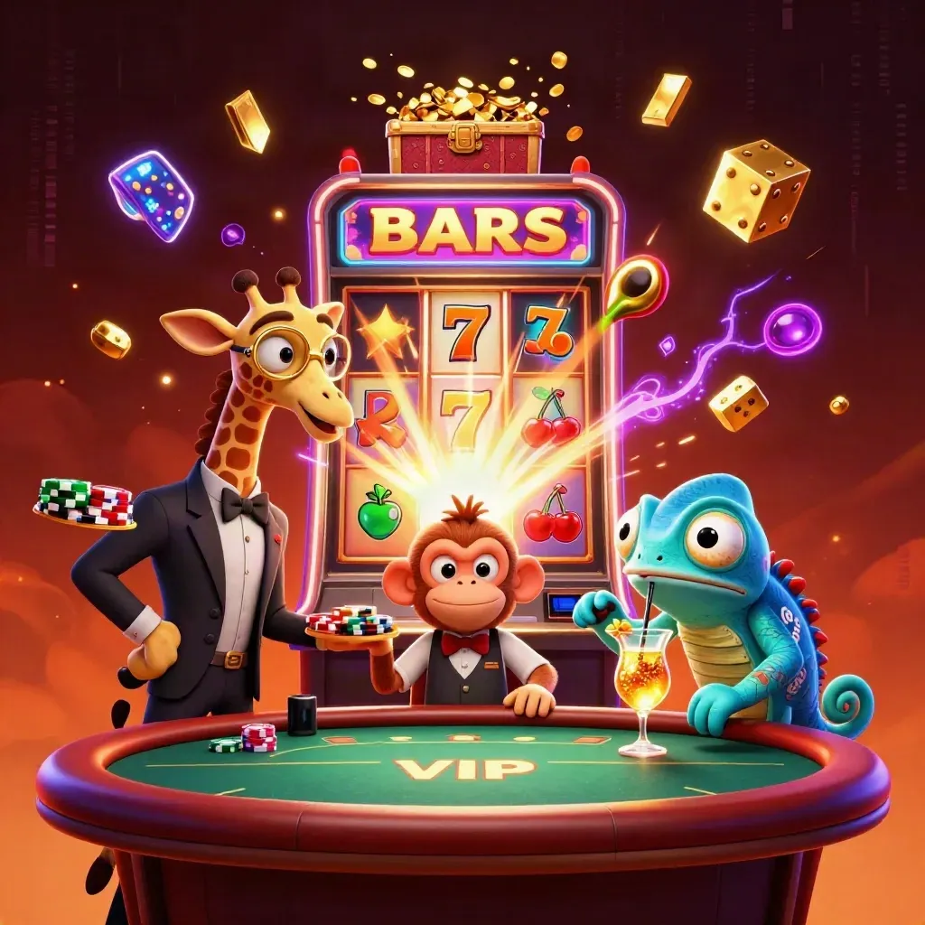 Giraffe, monkey valet, and chameleon bartender amid exploding slot riches and neon cyan energy.