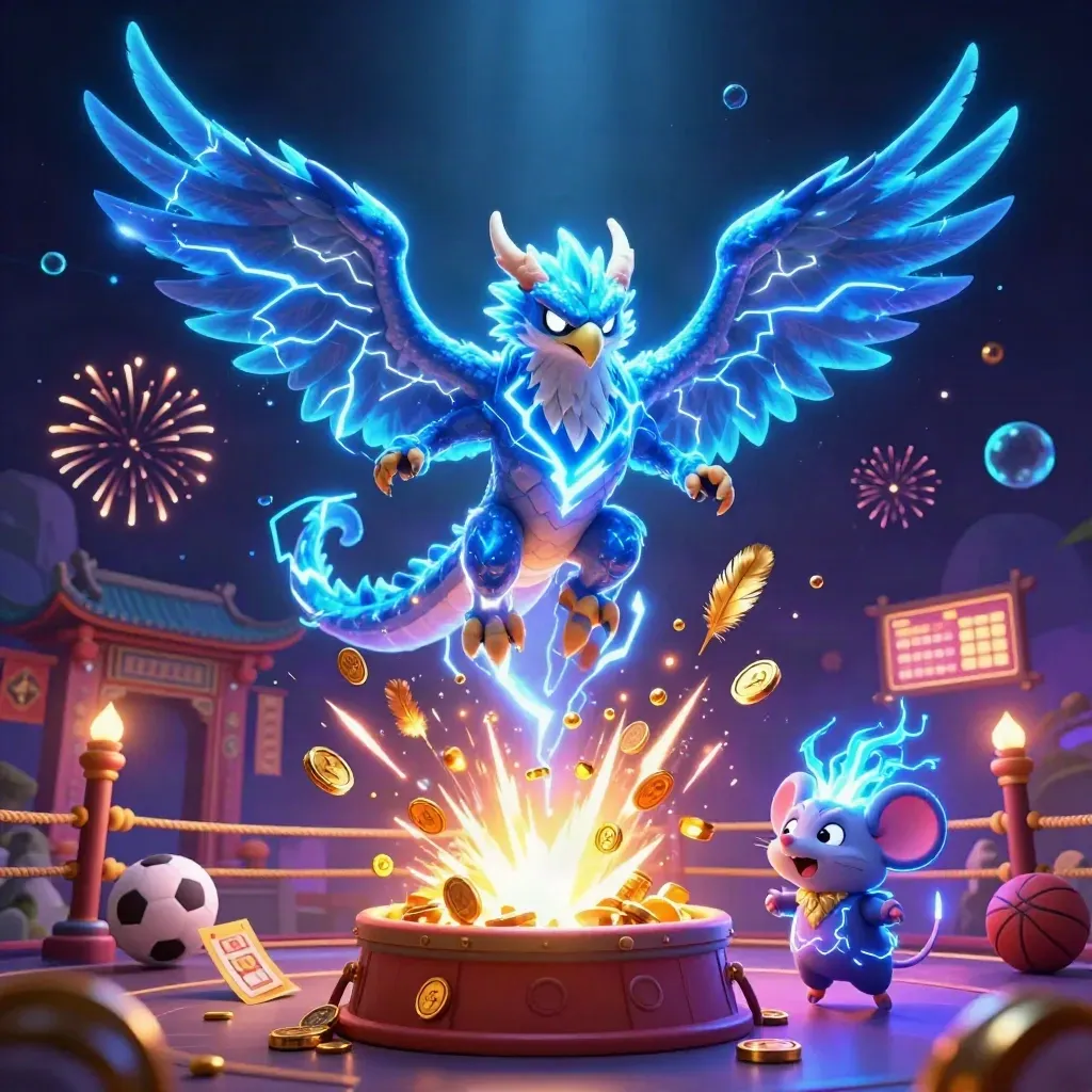 Lightning dragon, wind hawk and static mouse erupt through gold coins in neon casino fantasy.