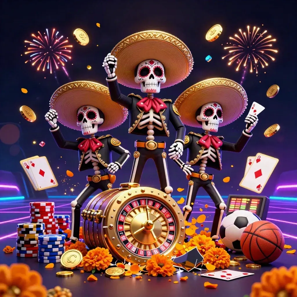 Skeleton mariachi trio amid coins, fireworks, chips, roulette wheel, and neon casino glow.