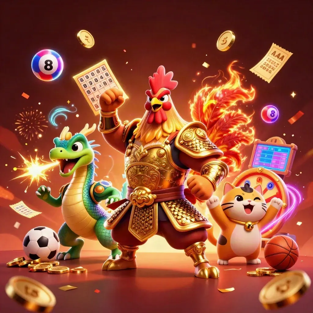 Rooster samurai, dragon hatchling, and fortune-cat amid coin bursts, fireworks, and casino loot.