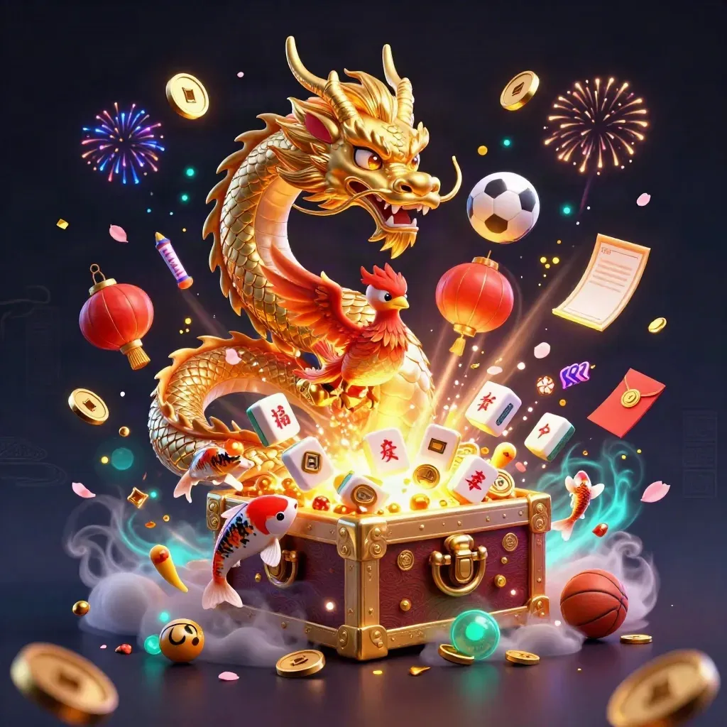 Golden dragon, phoenix, koi, coins, fireworks, lanterns, and casino sports icons bursting in neon glow.