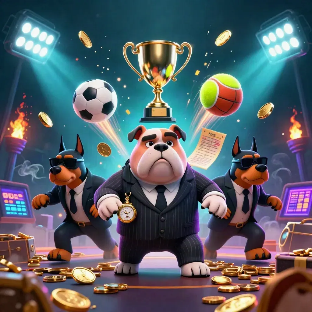 Bulldog boss with two Dobermans amid coins, balls, trophy, and neon casino glow.