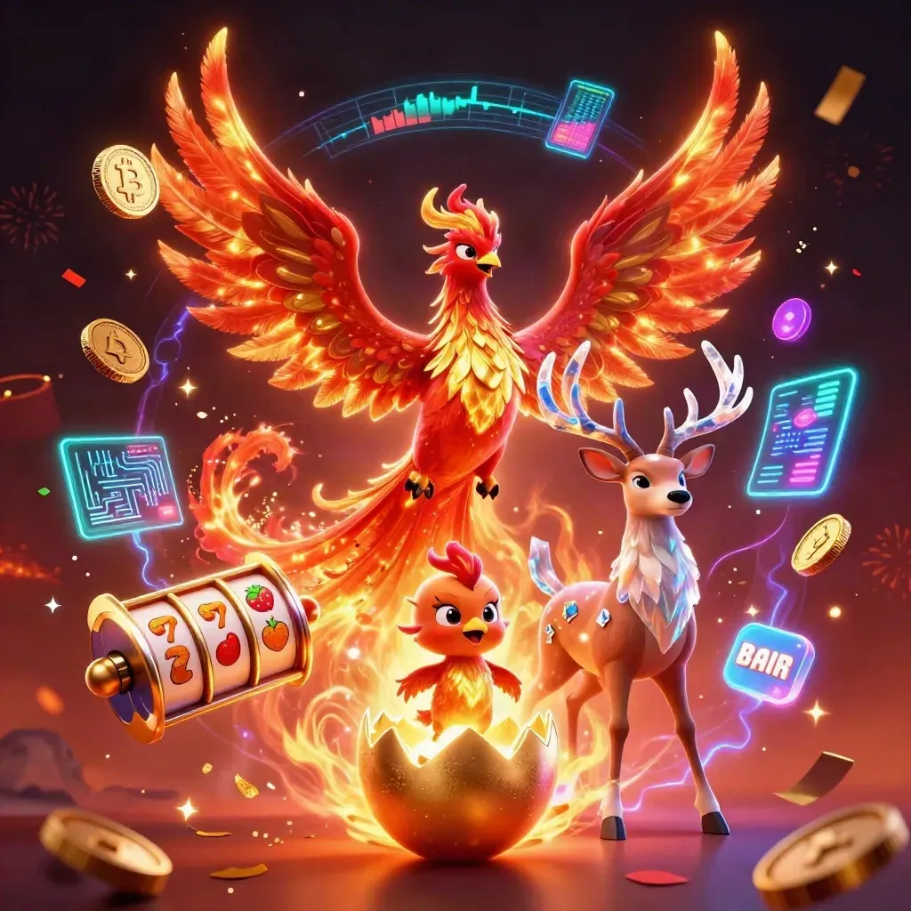 Phoenix, hatchling and crystal stag amid neon coins, lightning and casino symbols on a fiery dark glow.