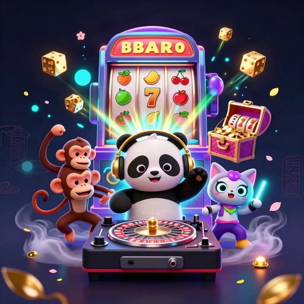 Neon panda DJ, breakdancing monkey, and rave kitten amid slots, gold, and cyan casino glow.