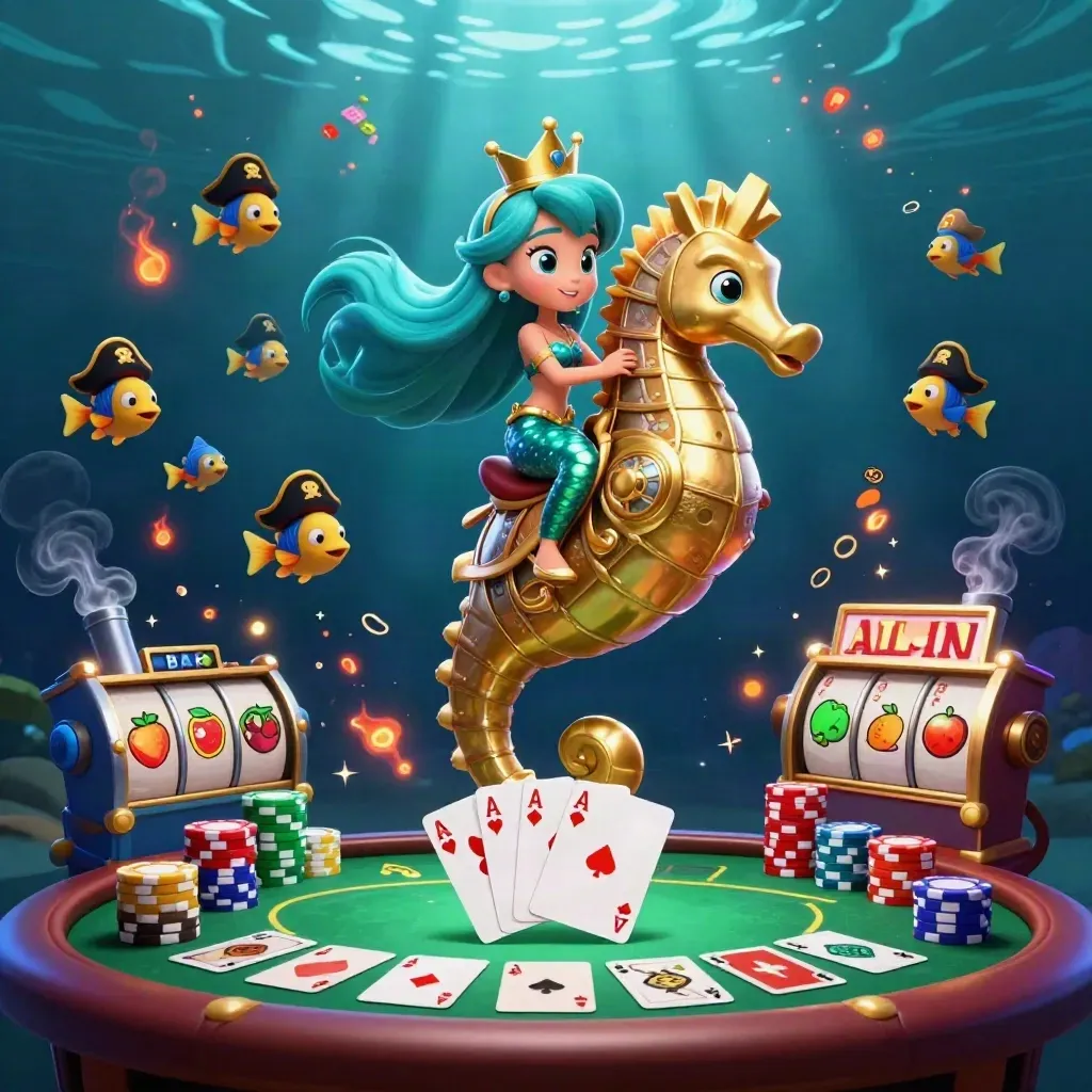 Mermaid princess on a golden seahorse amid poker chips, cards, reels, and pirate fish underwater.