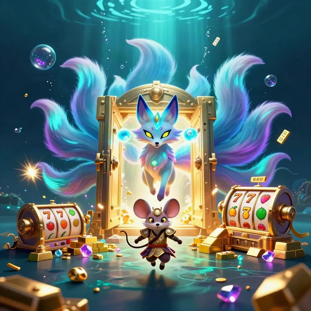 Neon fox spirit and armored mouse amid treasure, reels, and glowing underwater light