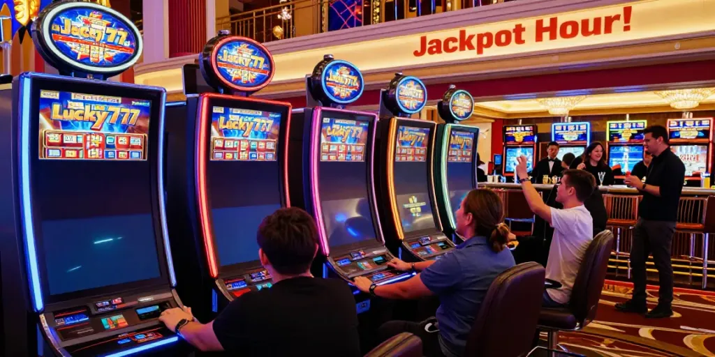 Dynamic casino scene with vibrant Lucky777 slot machines and excited players celebrating wins