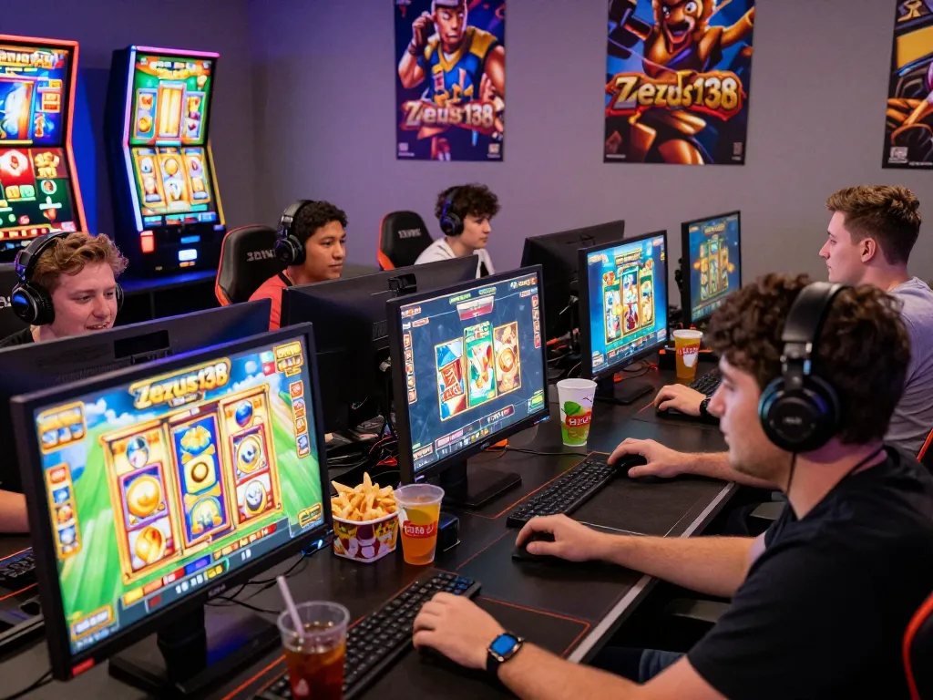 Online gamers enjoying thrilling experience on Zeus138 slot games in a vibrant gaming room.